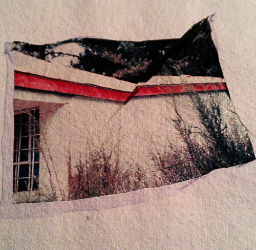 2013-03-02-polaroid_transfer, white building with red trim on textured paper