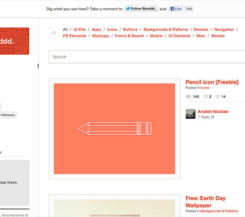 Psddd Screenshot - Free design resources search engine, image search, graphic design freebies