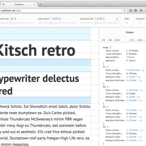 Gridlover Screenshot in Firefox, web app, typography tool, modular scale, baseline rhythm, golden ratio