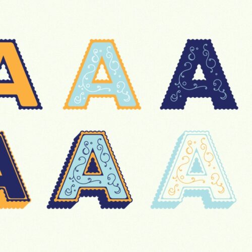 Elise Typeface by Alex Liebold - Layering Example, Letter A in pieces, solid, outline, shadow, ornaments