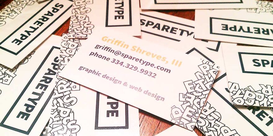 SpareType Redesign Featured Image - Scattered pile of business cards featuring typographic jumble and new logo