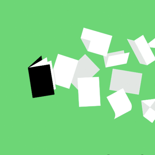 The Manual Header, Pages flying out of a book, emerald green background, critical writing and thinking about design