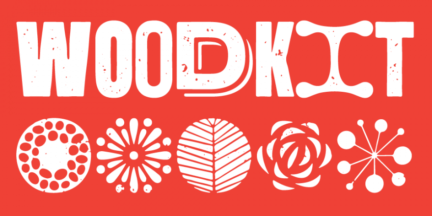 Woodkit Typeface by Ondrej Jób, Available through Typotheque, white distressed wood block type on red background, rotating letterforms, opentype alternates, ornaments