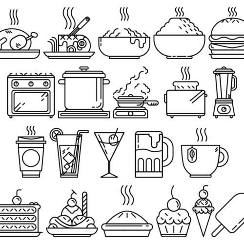 Foodie Vector Line Icons, detailed outline black icons on white background