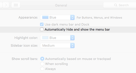 Mac OS X 10.11 General Settings Screen - Automatically hide and show the menu bar, user interface, UI
