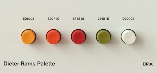 Dieter Rams Color Palette for Braun products, oranges, red, green, hexadecimal values