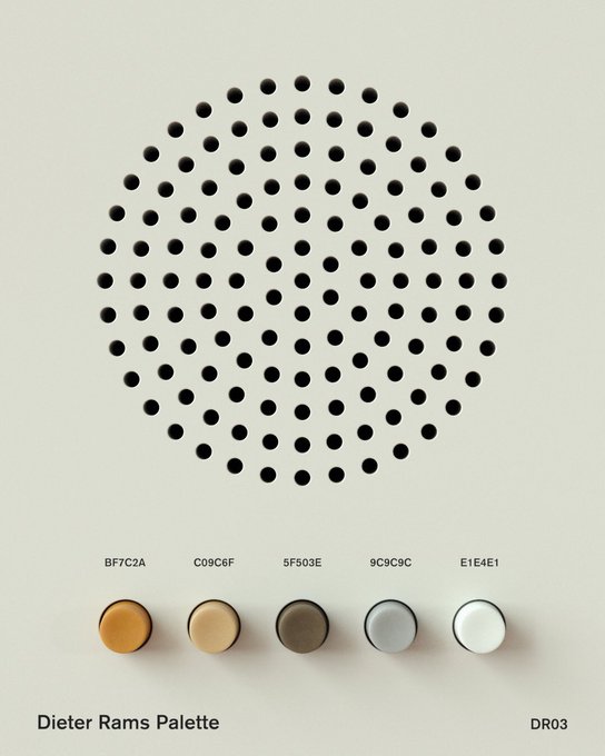 Dieter Rams Color Palette for Braun products, muted browns and gray, speaker grille