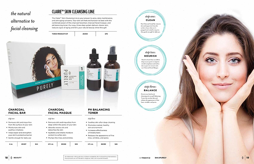 PURELY Product Catalog, pages 9-10, Claire Skin Cleansing Line spread