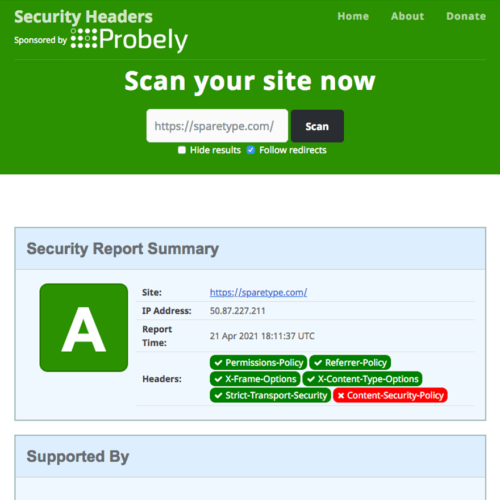 HTTP Headers Scorecard, Grade A for security and privacy upgrades on sparetype.com