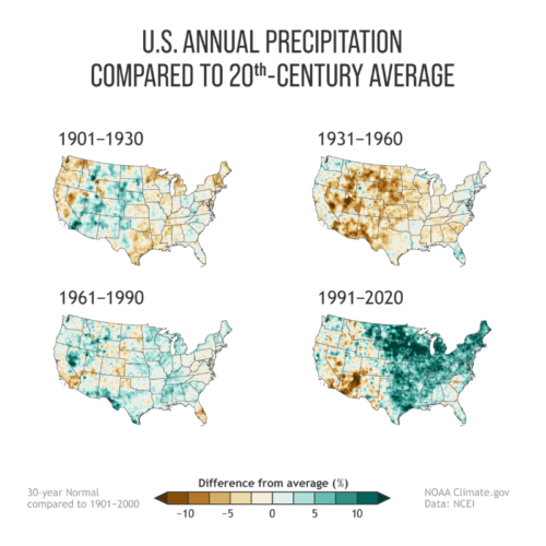 U.S. Annual Precipitation Compared to 20th-Century Average, NOAA Normals Climate Data, climate change