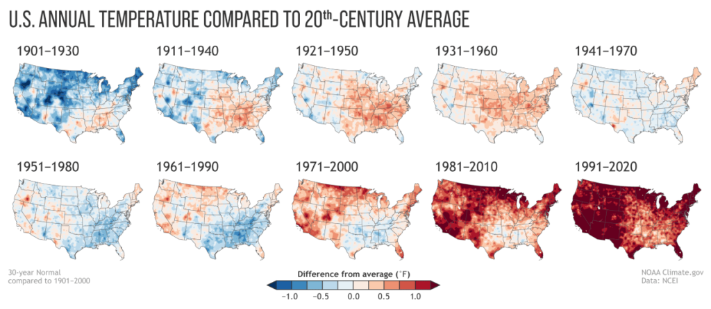 Map of U.S Annual Temperature Compared to 20th-Century Average, Most areas are 1℉ warmer, large areas have already increased 2℉ in the last century, NOAA climate data, climate change