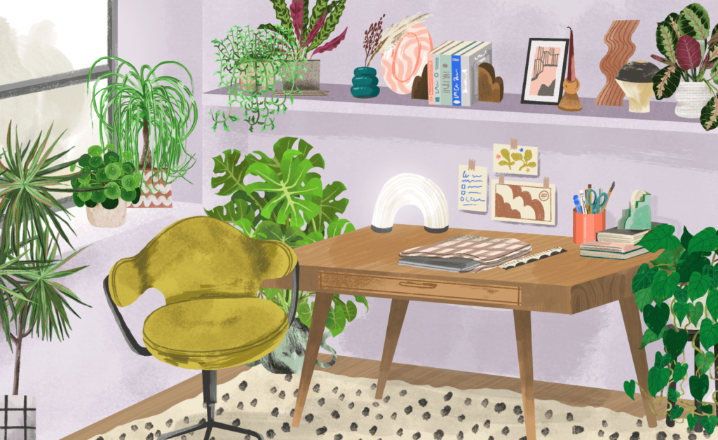 Home office illustration with lots of houseplants, Illustration Credit: Evie May Adams, Copyright: How Many Plants
