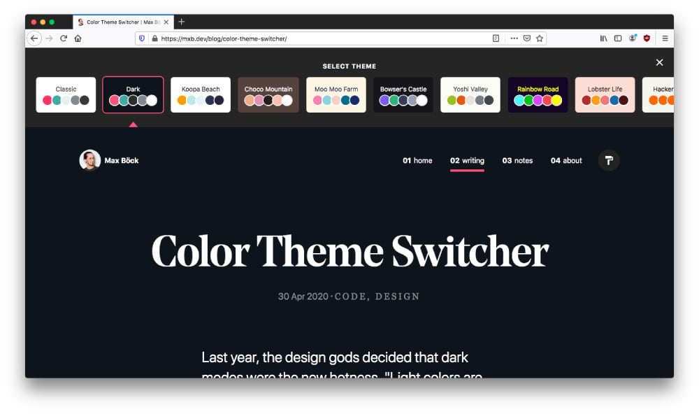 Web page screenshot from mxb.dev color theme switcher, dark mode, css custom properties